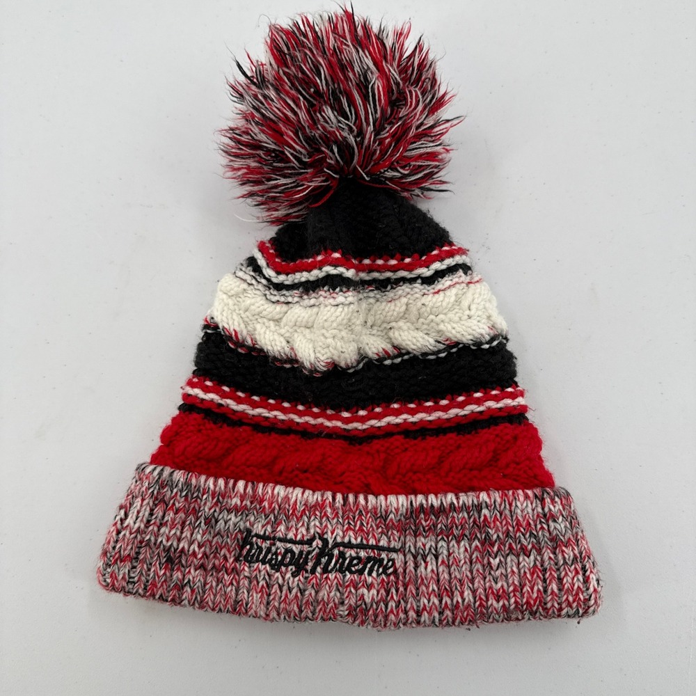 Sport-Tek Krispy Kreme Beanie Hat Unisex OS Red Black White Embroidered Pom Hat